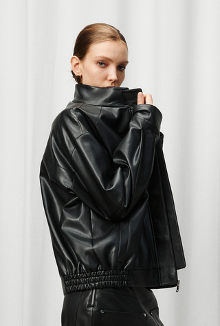 [UNAWARES] Stand Collar Double Bag Flying Leather Jacket
