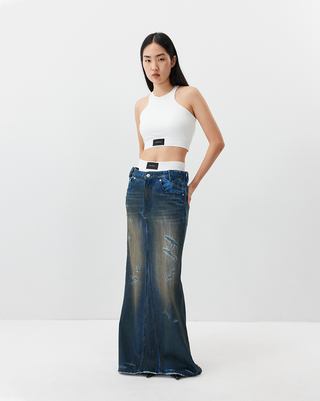 [UNAWARES] SS24 Fishtail Dirty Denim Skirt