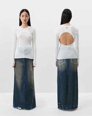 [UNAWARES] SS24 Fishtail Dirty Denim Skirt