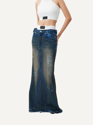 [UNAWARES] SS24 Fishtail Dirty Denim Skirt