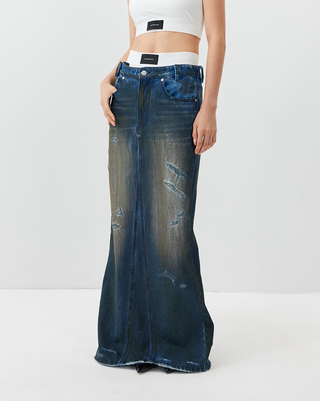 [UNAWARES] SS24 Fishtail Dirty Denim Skirt