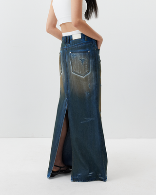 [UNAWARES] SS24 Fishtail Dirty Denim Skirt