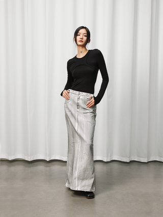 [UNAWARES] SS24 Fishtail Dirty Denim Skirt