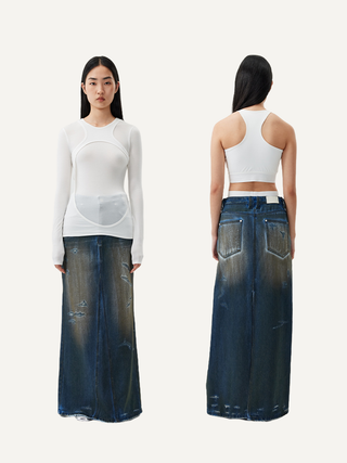 [UNAWARES] SS24 Fishtail Dirty Denim Skirt