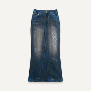 [UNAWARES] SS24 Fishtail Dirty Denim Skirt