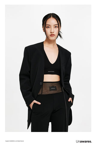 [UNAWARES] Detachable Ribbon Collarless Wide Shoulder Suit