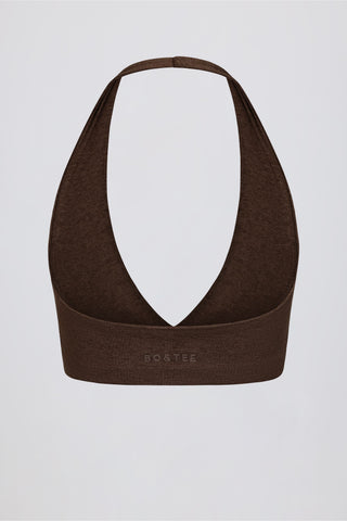 Brushed Jersey V-Neck Sports Bra in Pecan Marl