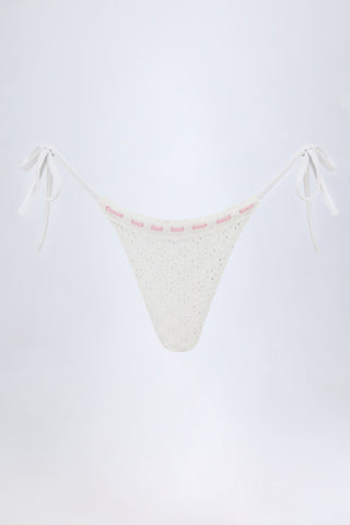 Broderie Anglaise Side-Tie Thong Bikini Bottoms in White