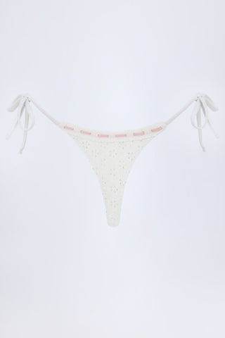 Broderie Anglaise Side-Tie Thong Bikini Bottoms in White