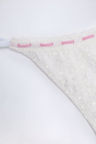Broderie Anglaise Side-Tie Thong Bikini Bottoms in White
