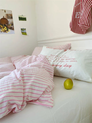 Pink and White Striped Cotton Duvet Cover Set