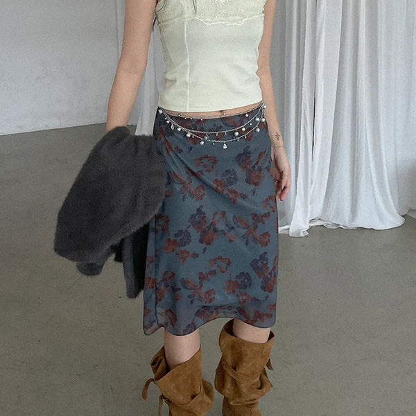 (3 colors) Vintage floral print chiffon skirt