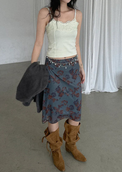 (3 colors) Vintage floral print chiffon skirt