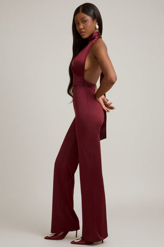 Scarf-Detail Halterneck Jumpsuit in Wine Red