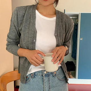 Basic V-neck long-sleeved knit cardigan