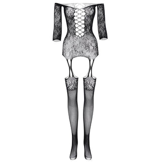 Long sleeve off shoulder lace fishnet strappy bodystocking