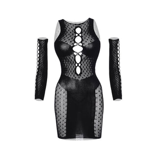 Gloves net polka dot hollow out cut out mini dress