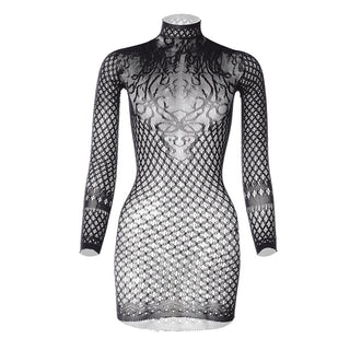 Long sleeve high neck net backless mini dress