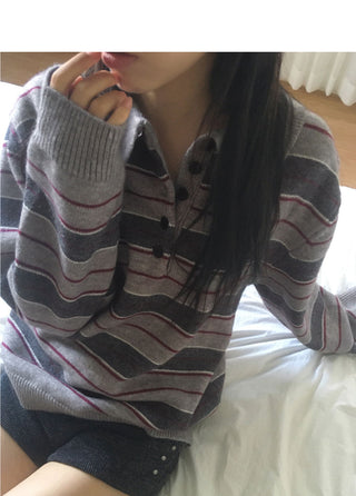 Woven Stripe Button Collar Knitwear