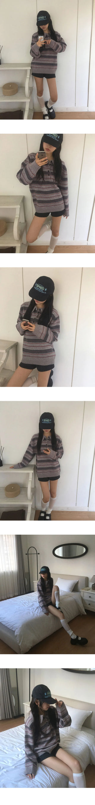 Woven Stripe Button Collar Knitwear
