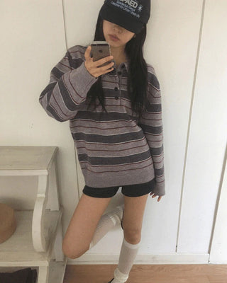 Woven Stripe Button Collar Knitwear