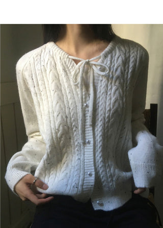Kome Bokashi Pearl Ribbon Knitwear Cardigan