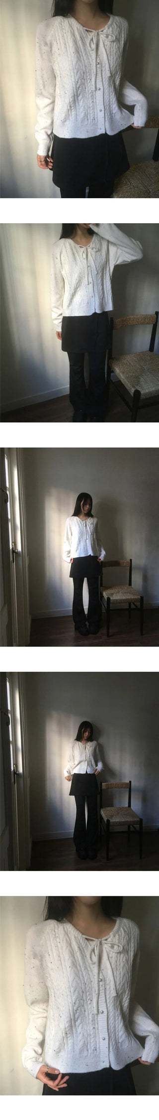 Kome Bokashi Pearl Ribbon Knitwear Cardigan