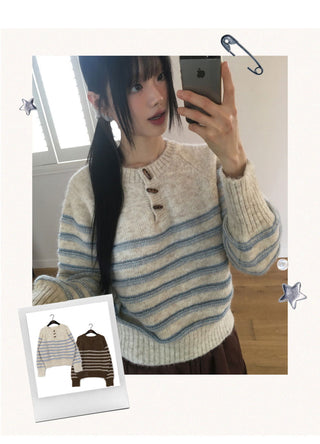 Pusun Stripe Tteokbokki Button Round Knitwear