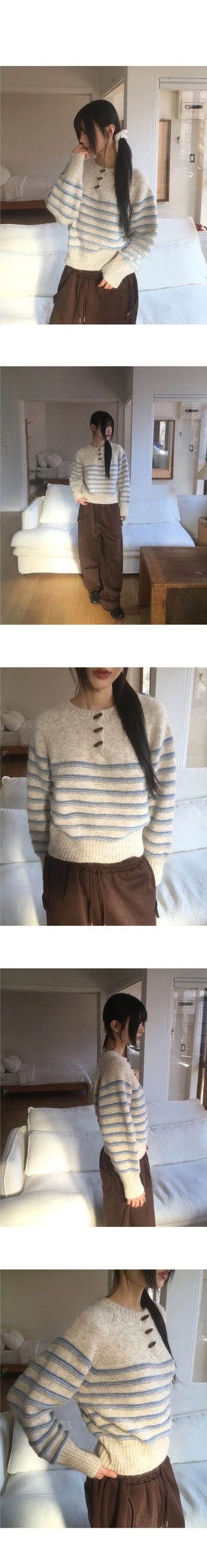 Pusun Stripe Tteokbokki Button Round Knitwear