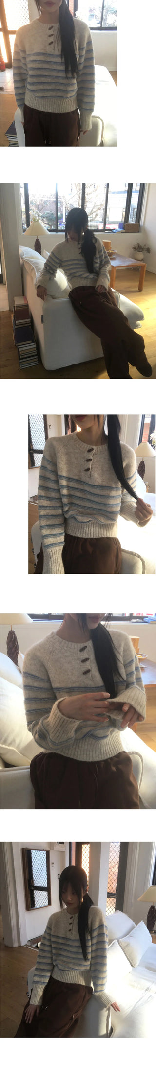 Pusun Stripe Tteokbokki Button Round Knitwear