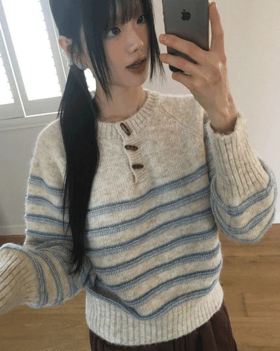 Pusun Stripe Tteokbokki Button Round Knitwear