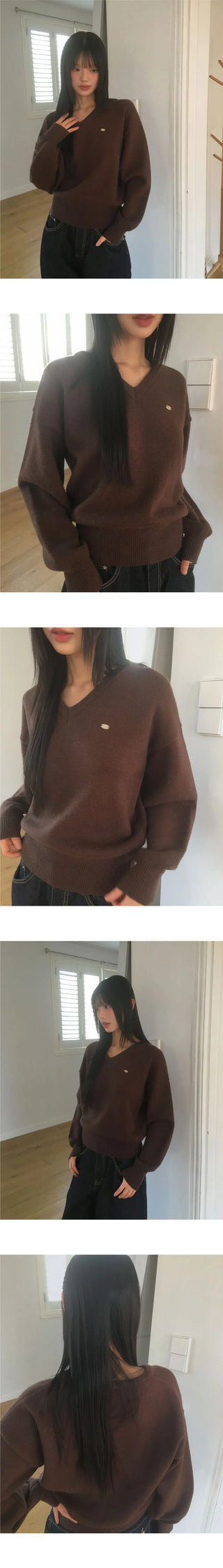 Polyester Pendant Loose-fit V-Neck Knitwear