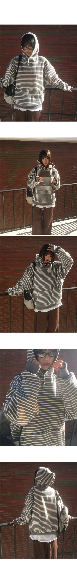 Coyou Button Stripe Warmer Hooded T-Shirt