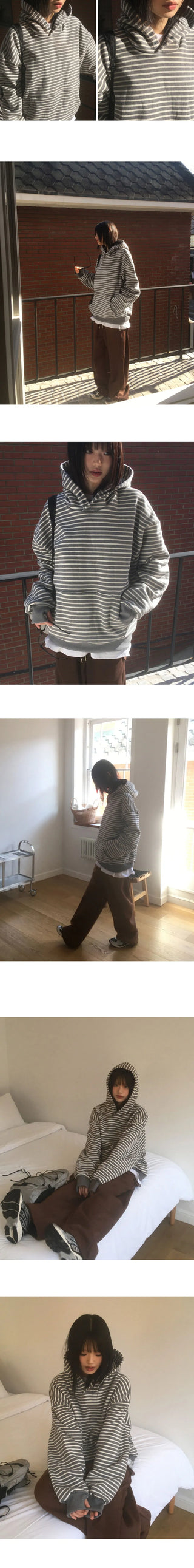 Coyou Button Stripe Warmer Hooded T-Shirt