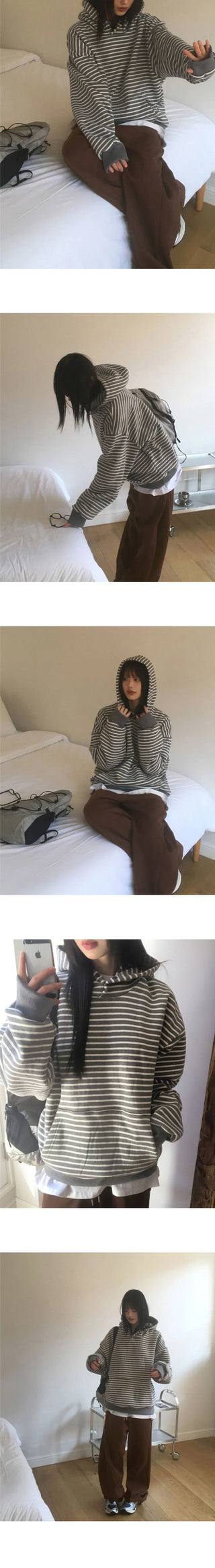Coyou Button Stripe Warmer Hooded T-Shirt