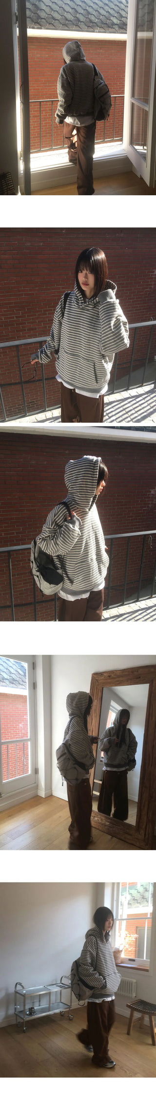 Coyou Button Stripe Warmer Hooded T-Shirt