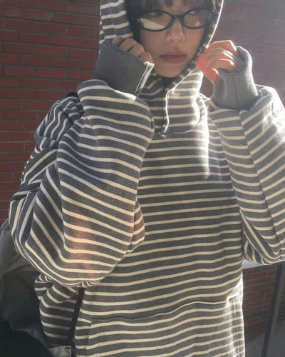Coyou Button Stripe Warmer Hooded T-Shirt
