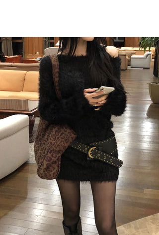 Plein Off-Shoulder Angora Knitwear Dress