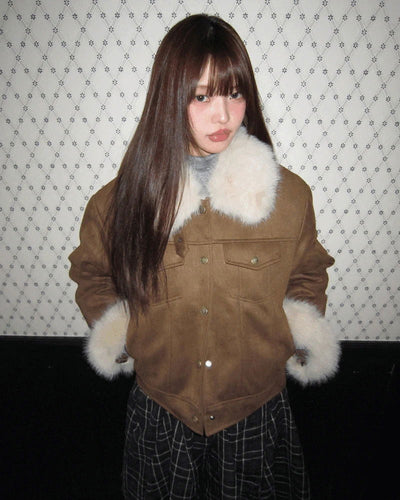 Dune Suede Quilted Buckle High Neck Fur Jacket