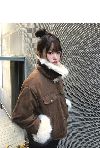 Dune Suede Quilted Buckle High Neck Fur Jacket