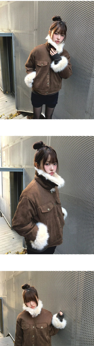 Dune Suede Quilted Buckle High Neck Fur Jacket