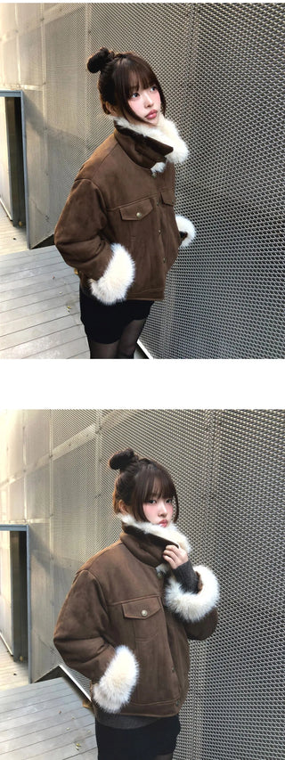 Dune Suede Quilted Buckle High Neck Fur Jacket