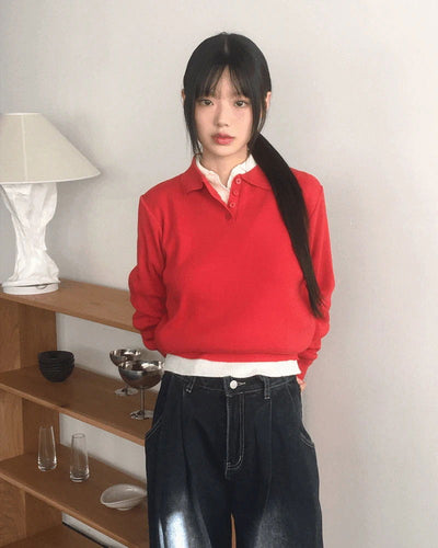 Large collar button slim fit knitwear