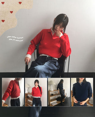 Large collar button slim fit knitwear