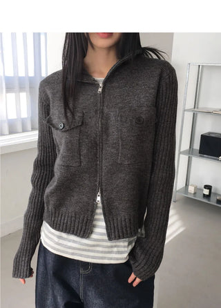 ZIMAN Ribbed HIGHNECK POCKET TWO WAY Knitwear Zip-up