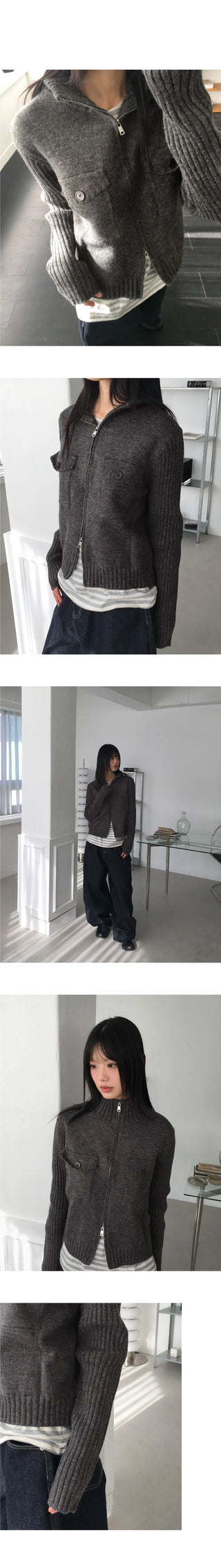 ZIMAN Ribbed HIGHNECK POCKET TWO WAY Knitwear Zip-up