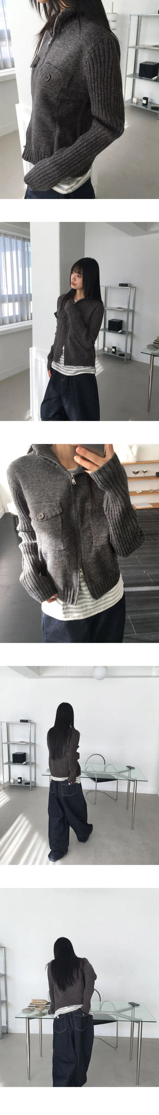 ZIMAN Ribbed HIGHNECK POCKET TWO WAY Knitwear Zip-up