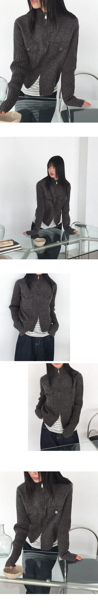 ZIMAN Ribbed HIGHNECK POCKET TWO WAY Knitwear Zip-up