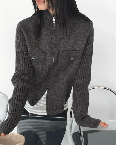 ZIMAN Ribbed HIGHNECK POCKET TWO WAY Knitwear Zip-up