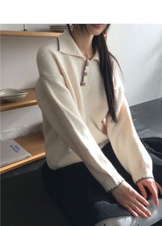 Midden color blocking half button pocket collar knitwear